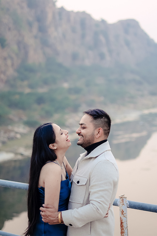 Wide establishment couple portrait at Banas Bridge for 2-day pre-wedding shoot