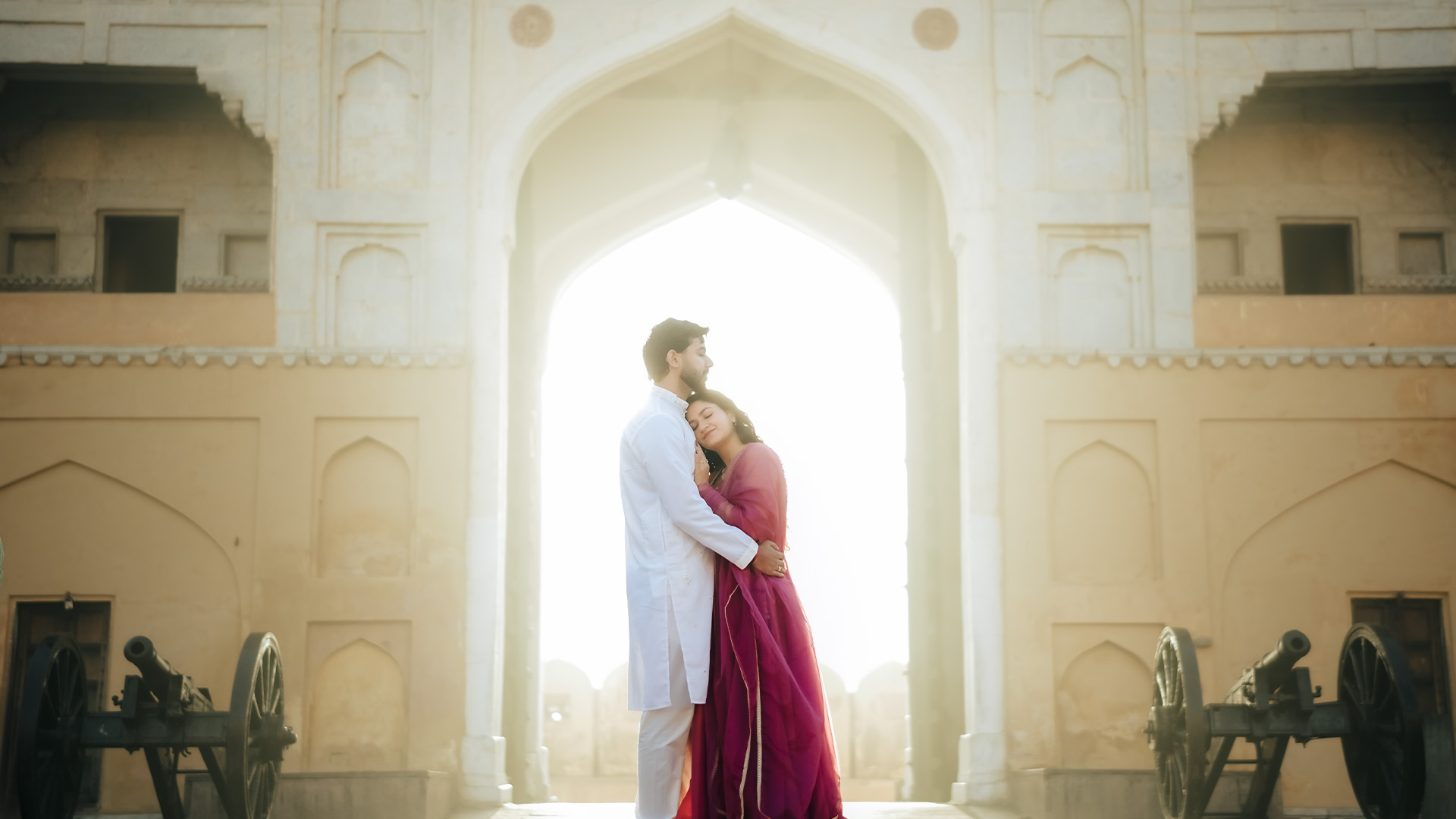 Pre wedding shoot at royal Jaipur palace with couple at sunset
