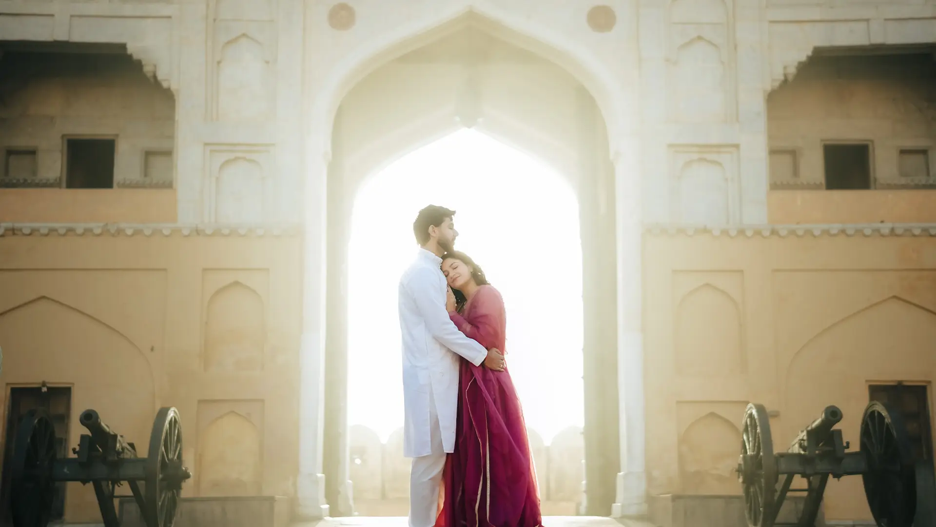 Pre wedding shoot at royal Jaipur palace with couple at golden hour