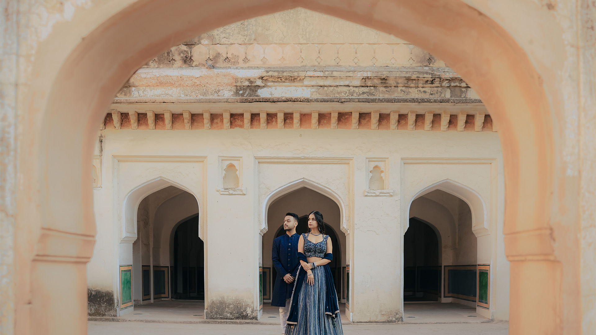 Romantic couple portrait in Jaipur garden for pre wedding photography