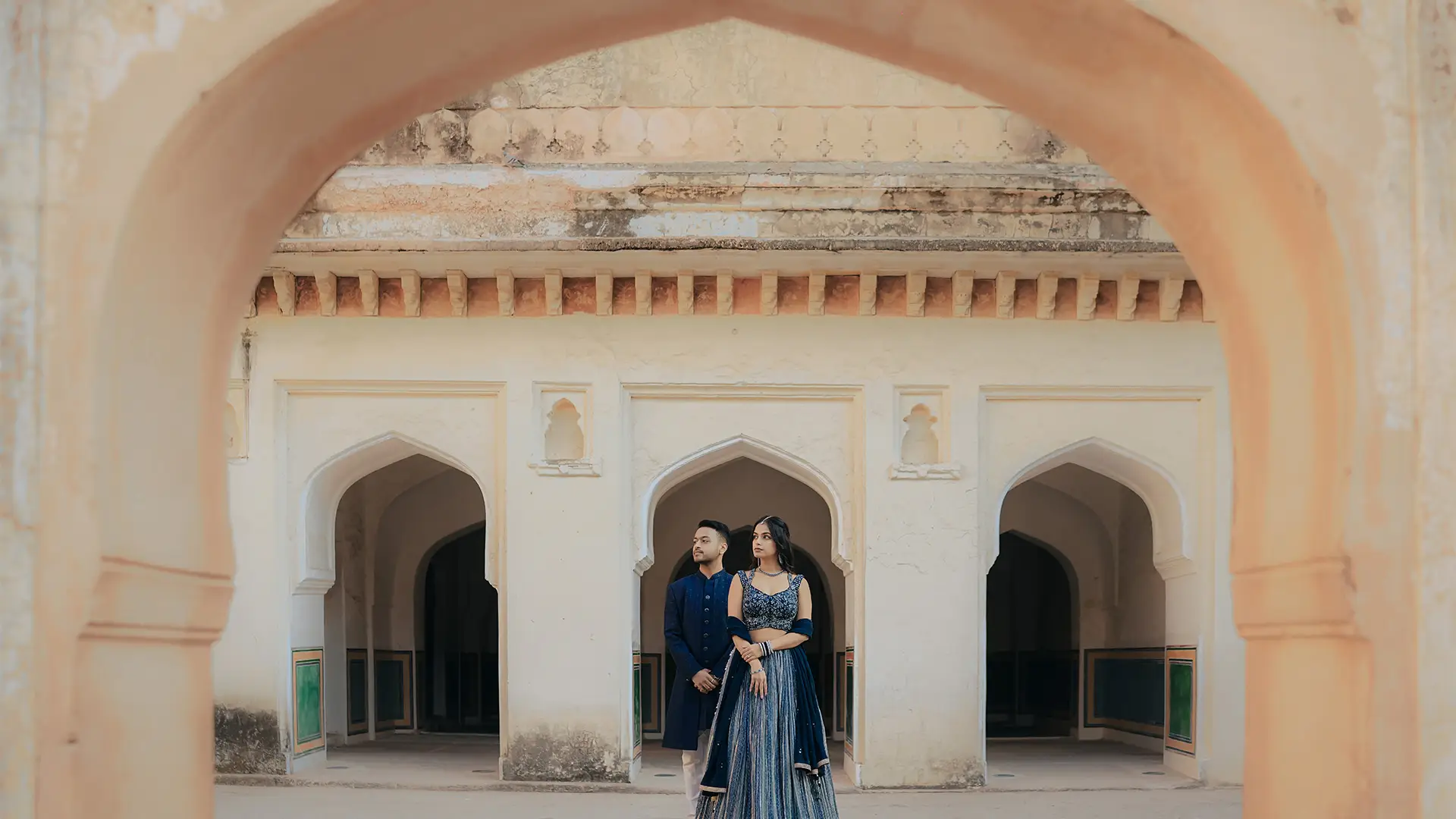 Romantic couple portrait for pre wedding photography in Jaipur garden